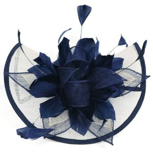 Z&X Navy Blue And White Fascinator Hat Sinamay Feather Floral Derby Hat For Women, Fascinator 1- Navy Blue+White, ONE SIZE