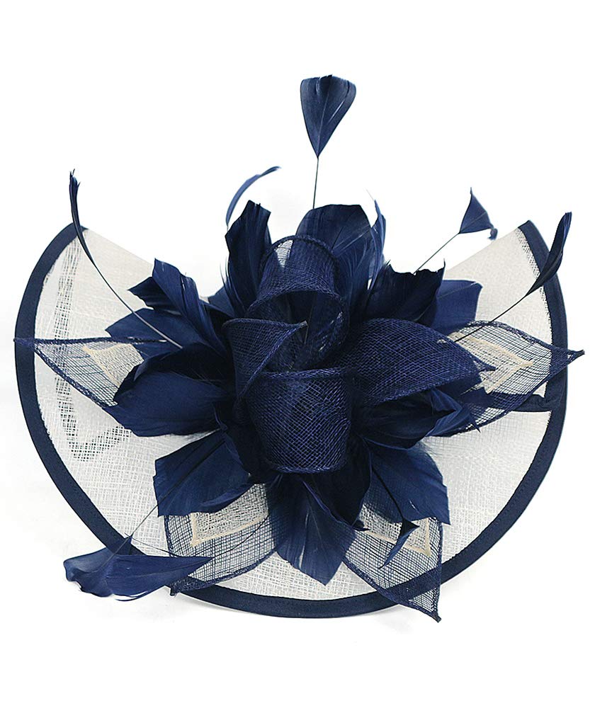 Z&X Navy Blue And White Fascinator Hat Sinamay Feather Floral Derby Hat For Women, Fascinator 1- Navy Blue+White, ONE SIZE