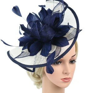 Z&X Navy Blue And White Fascinator Hat Sinamay Feather Floral Derby Hat For Women, Fascinator 1- Navy Blue+White, ONE SIZE