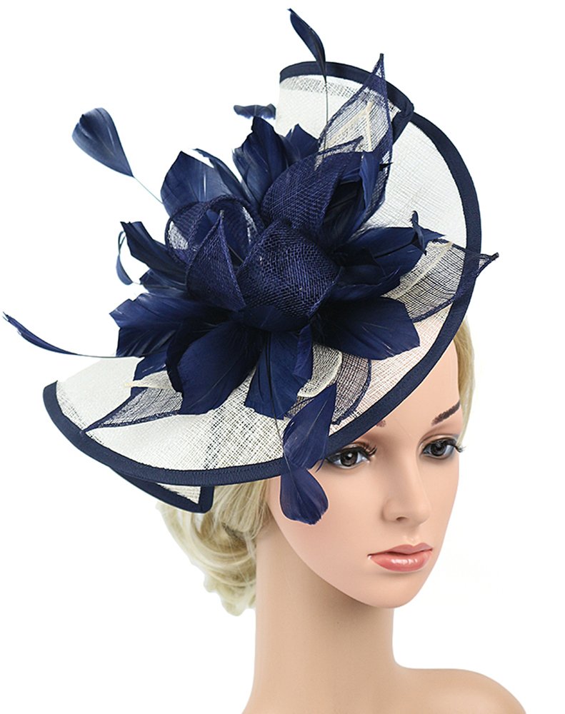 Z&X Navy Blue And White Fascinator Hat Sinamay Feather Floral Derby Hat For Women, Fascinator 1- Navy Blue+White, ONE SIZE