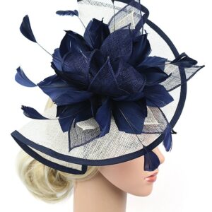 Z&X Navy Blue And White Fascinator Hat Sinamay Feather Floral Derby Hat For Women, Fascinator 1- Navy Blue+White, ONE SIZE