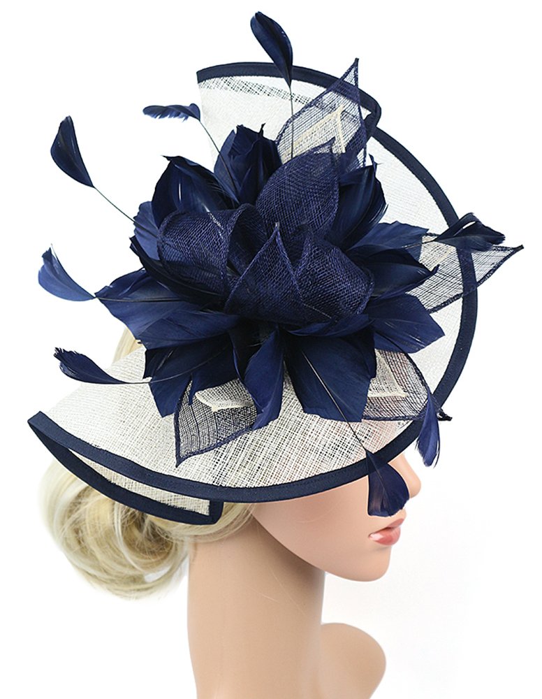 Z&X Navy Blue And White Fascinator Hat Sinamay Feather Floral Derby Hat For Women, Fascinator 1- Navy Blue+White, ONE SIZE