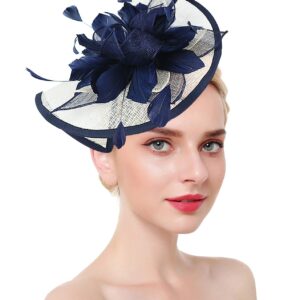 Z&X Navy Blue And White Fascinator Hat Sinamay Feather Floral Derby Hat For Women, Fascinator 1- Navy Blue+White, ONE SIZE