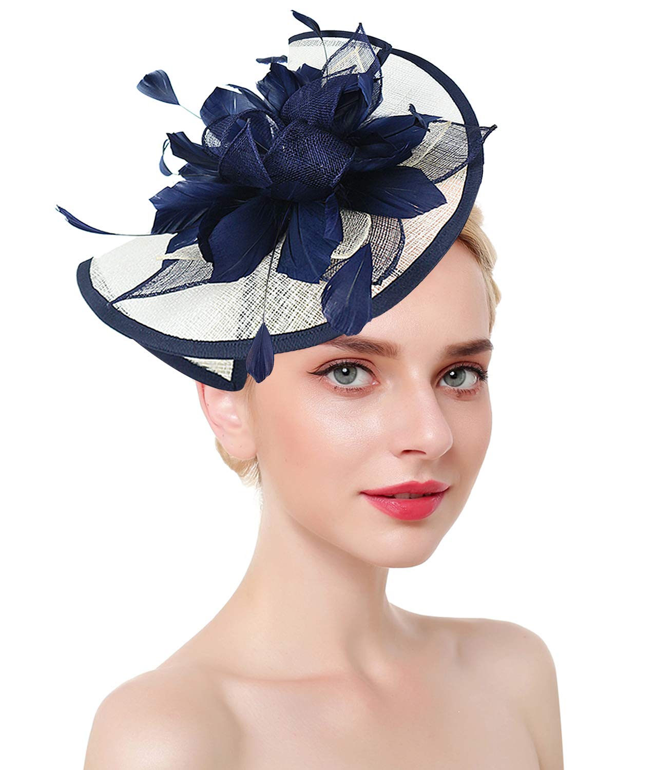 Z&X Navy Blue And White Fascinator Hat Sinamay Feather Floral Derby Hat For Women, Fascinator 1- Navy Blue+White, ONE SIZE