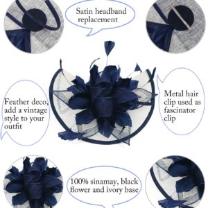 Z&X Navy Blue And White Fascinator Hat Sinamay Feather Floral Derby Hat For Women, Fascinator 1- Navy Blue+White, ONE SIZE