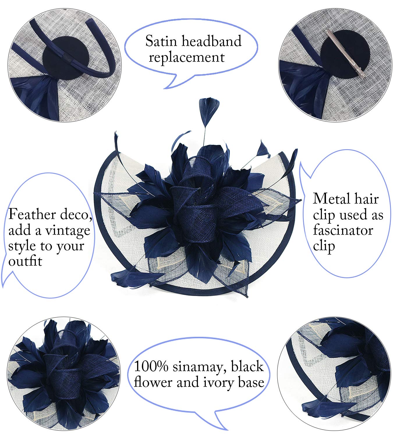 Z&X Navy Blue And White Fascinator Hat Sinamay Feather Floral Derby Hat For Women, Fascinator 1- Navy Blue+White, ONE SIZE