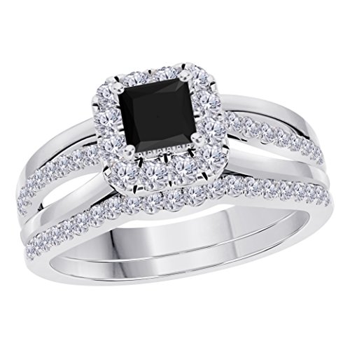 Jewelryhub 2CT Princess Cut Black Cz Diamond 925 Sterling Silver Wedding Bridal Set Split Shank Halo Engagement Ring Set Size 4-12