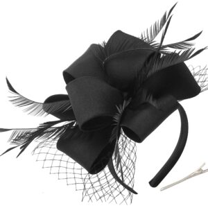 Myjoyday Women's Fascinators Hat for Tea Party Church Cocktail, Feathers Veil Headband with Hair Clip (Black)