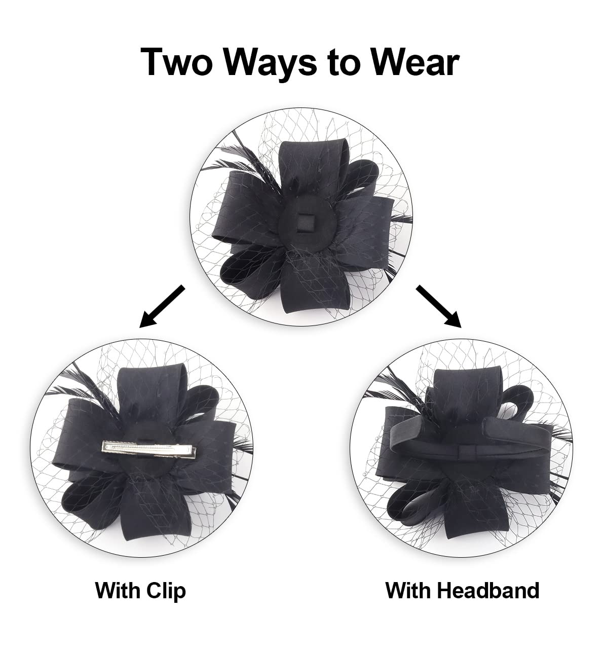 Myjoyday Women's Fascinators Hat for Tea Party Church Cocktail, Feathers Veil Headband with Hair Clip (Black)