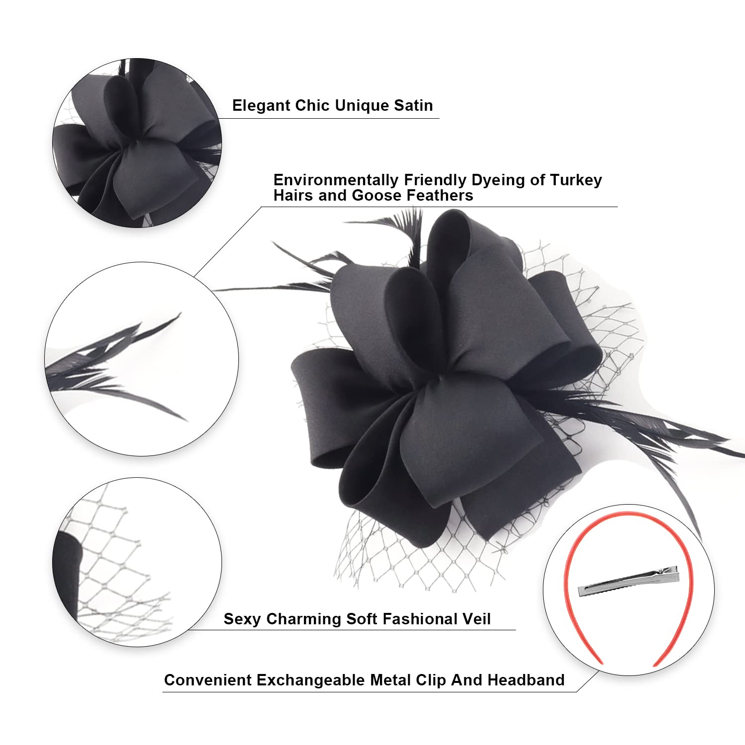 Myjoyday Women's Fascinators Hat for Tea Party Church Cocktail, Feathers Veil Headband with Hair Clip (Black)