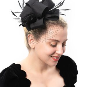 Myjoyday Women's Fascinators Hat for Tea Party Church Cocktail, Feathers Veil Headband with Hair Clip (Black)