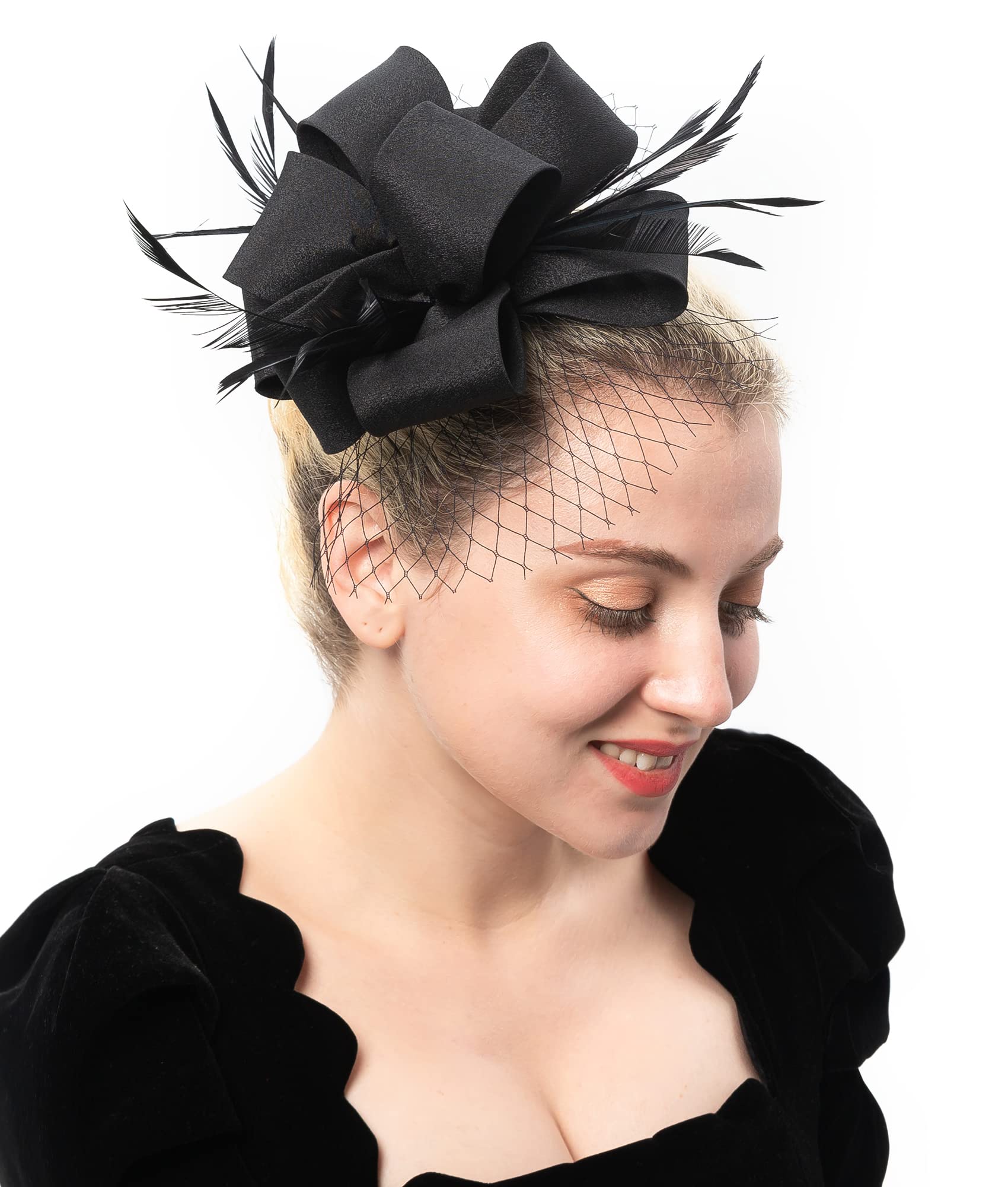 Myjoyday Women's Fascinators Hat for Tea Party Church Cocktail, Feathers Veil Headband with Hair Clip (Black)