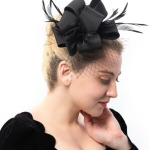 Myjoyday Women's Fascinators Hat for Tea Party Church Cocktail, Feathers Veil Headband with Hair Clip (Black)