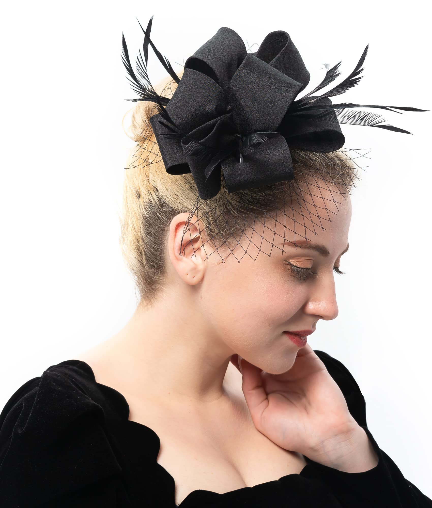 Myjoyday Women's Fascinators Hat for Tea Party Church Cocktail, Feathers Veil Headband with Hair Clip (Black)