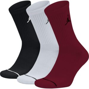 nike unisex jordan jumpman crew socks (3 pack) black/white/gym red (men's shoe size 8-12)