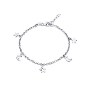 amberta women 925 sterling silver anklet with charms: ankle bracelet with moons and stars - 22 + 4 cm