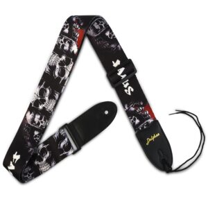 dulphee guitar strap skull design cool polyester shoulder strap for bass, electric & acoustic guitar (black skull)