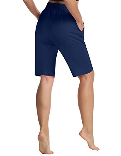 ChinFun Women's Yoga Bermuda Shorts Athletic Lounge Cotton Sweat Shorts 10" Long Shorts Workout Running Shorts Navy L