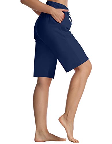 ChinFun Women's Yoga Bermuda Shorts Athletic Lounge Cotton Sweat Shorts 10" Long Shorts Workout Running Shorts Navy L