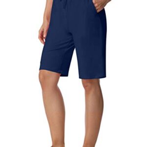 ChinFun Women's Yoga Bermuda Shorts Athletic Lounge Cotton Sweat Shorts 10" Long Shorts Workout Running Shorts Navy L