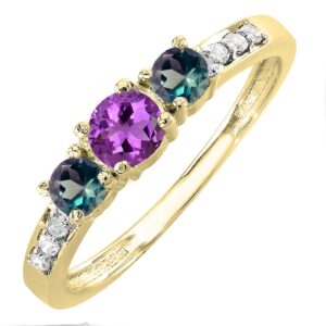 dazzlingrock collection round amethyst & lab created alexandrite with white diamond three stone engagement ring for her in 10k yellow gold size 8