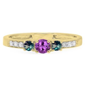 Dazzlingrock Collection Round Amethyst & Lab Created Alexandrite with White Diamond Three Stone Engagement Ring for Her in 10K Yellow Gold Size 8