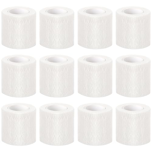 12 Pieces Self Adhesive Bandage Wrap Tape Stretch Self Adherent Cohesive Toe Tape for Sports, Wrist, Ankle, 5 Yards Each (White, 2 Inches)