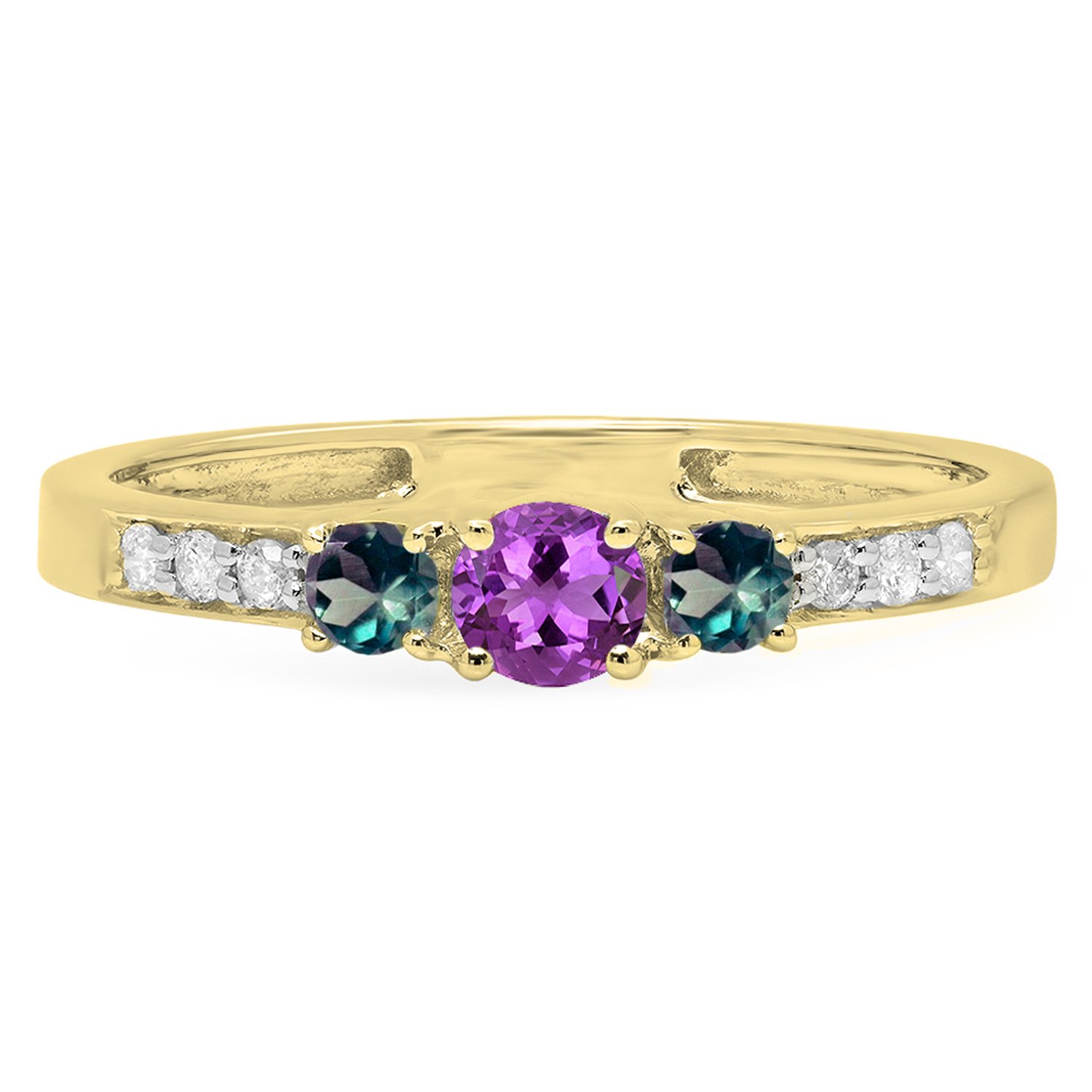 Dazzlingrock Collection Round Amethyst & Lab Created Alexandrite with White Diamond Three Stone Engagement Ring for Her in 14K Yellow Gold Size 7.5