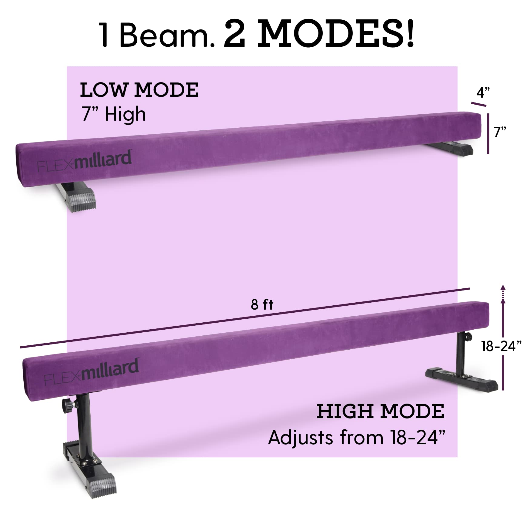 Milliard Patented Adjustable Balance Beam, High and Low (8 Feet) Floor Beam Suede Gymnastics Competition Style Training with Legs