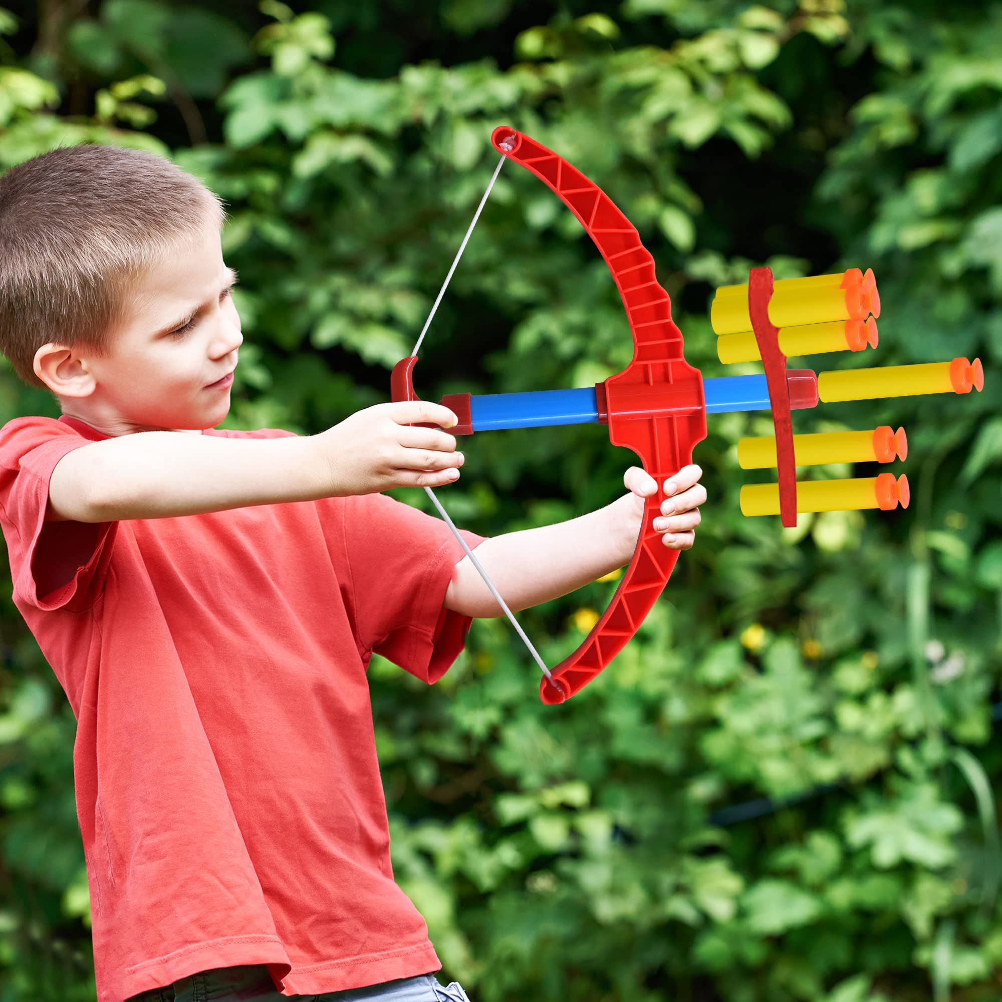 ArtCreativity Red Super Bow & Arrow Shooter Set, includes Air-Powered Bow, Barrel, Six Soft Foam Darts, Comes in Blister Card Packaging, Sports Toy for Kids