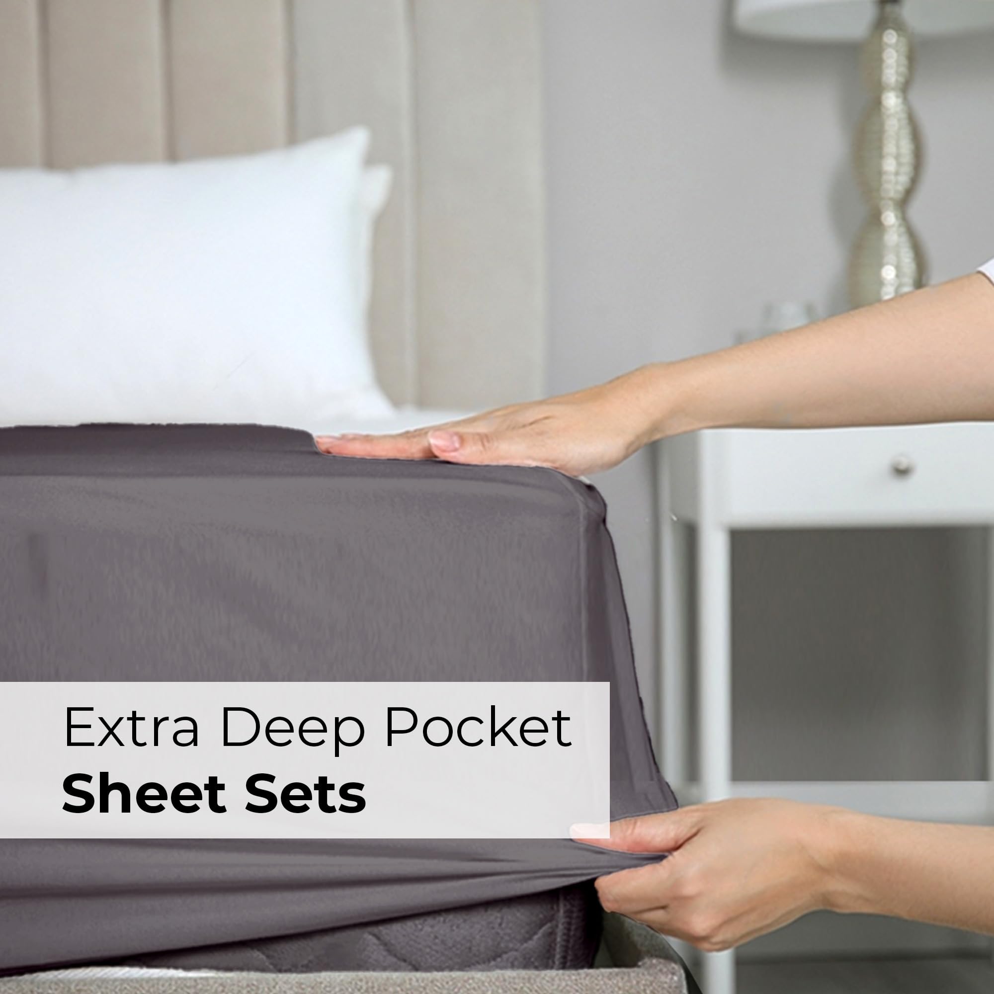 Extra Deep Queen Sheet Set - 6 Piece Breathable & Cooling Sheets - Hotel Luxury Bed Sheets Set - Easy & Secure Fit - Soft, Wrinkle Free & Comfy Sheets Set - Grey Sheet Set w/Extra Deep Pockets