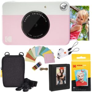 kodak printomatic instant camera bundle (pink) zink paper (20 sheets) - case - photo album - hanging frames.