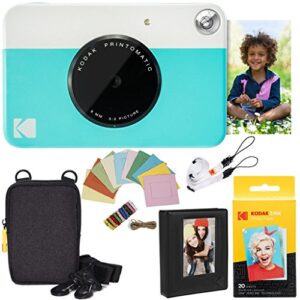 kodak printomatic instant camera bundle (blue) zink paper (20 sheets) - case - photo album - hanging frames.