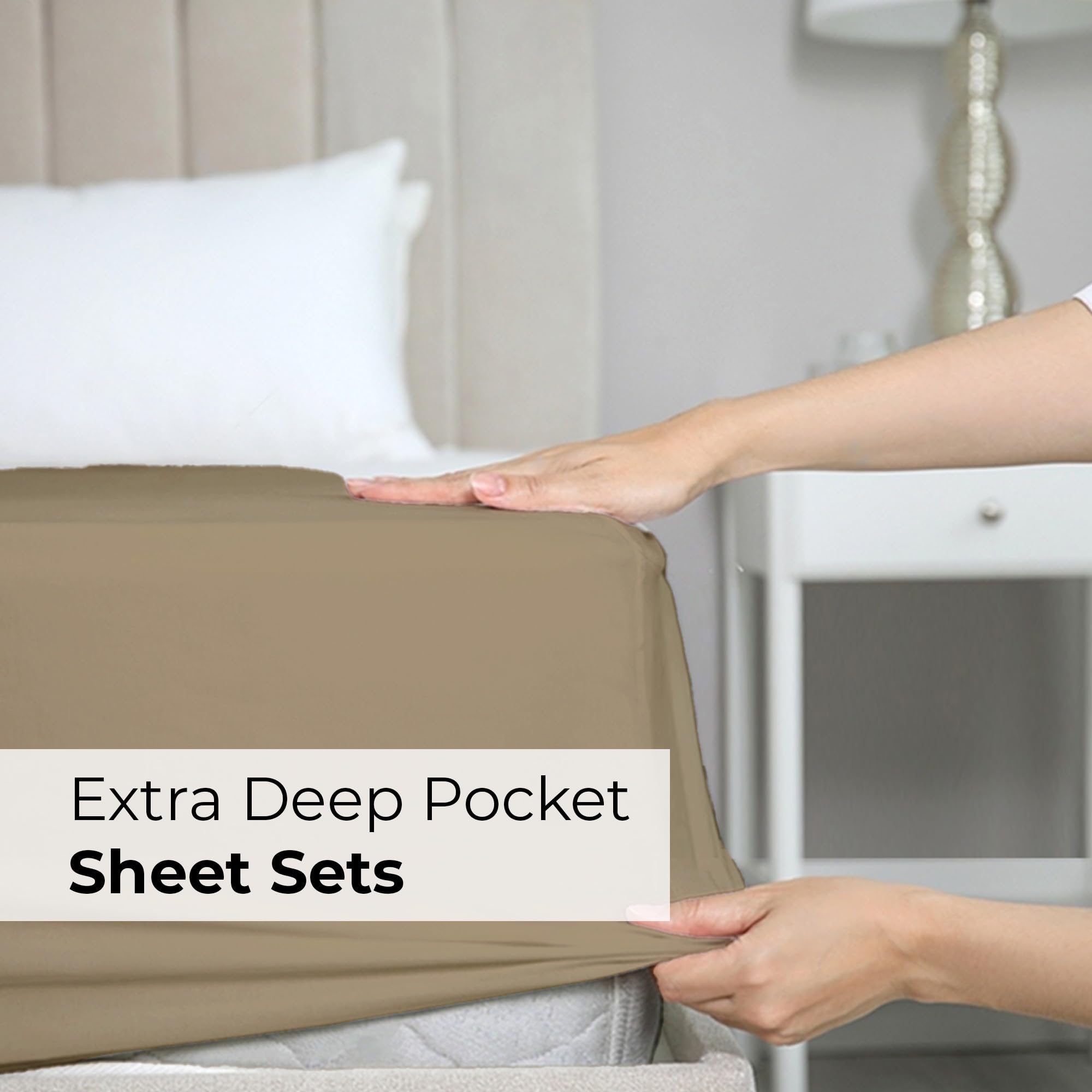 Extra Deep King Sheet Set - 6 Piece Breathable & Cooling Sheets - Hotel Luxury Bed Sheets Set - Easy & Secure Fit - Soft, Wrinkle Free & Comfy Sheets Set - Beige Sheet Set w/Extra Deep Pockets