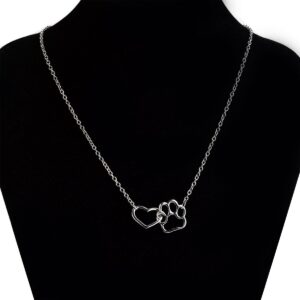 QIAN0813 Cat Dog Puppy Paw Print Stamped Pet Memorial Pendant Necklace Love Heart Necklace Jewelry (Silver)