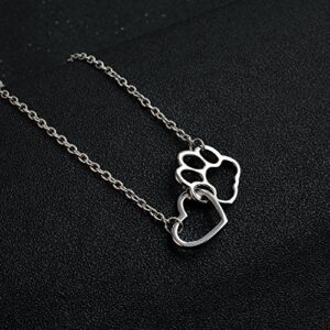 QIAN0813 Cat Dog Puppy Paw Print Stamped Pet Memorial Pendant Necklace Love Heart Necklace Jewelry (Silver)