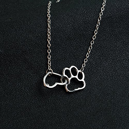 QIAN0813 Cat Dog Puppy Paw Print Stamped Pet Memorial Pendant Necklace Love Heart Necklace Jewelry (Silver)