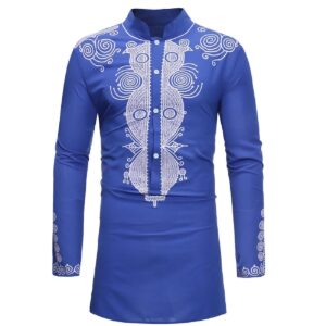 HEFASDM Men's Long Sleeve African Dashiki Traditional Gold Print Button Down Shirts Blue L