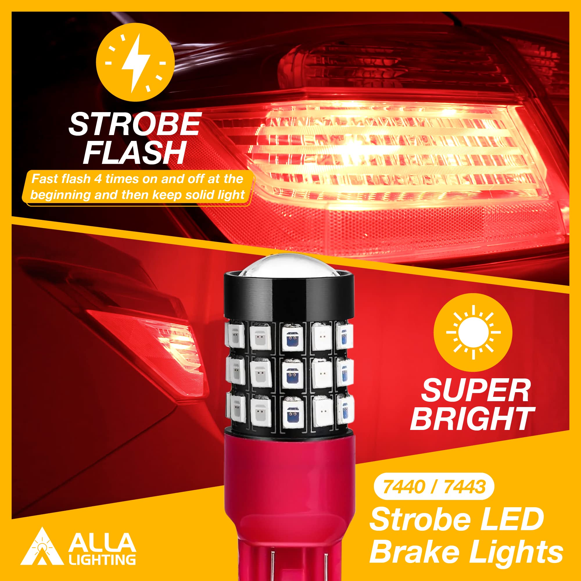 Alla Lighting Upgraded T20 7440 7443 LED Strobe Brake Lights Bulbs, Red Flashing Stop Lamps, W21W 7440LL 7443LL Strobe LED Taillights Replacement for Cars, Trucks, SUVs, Vans