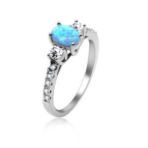 Uloveido 3 Stone Accent Wedding Ring Oval Cut Lab Blue Fire Opal Round CZ 925 Sterling Silver Engagement Jewelry for BFF 2.16g Size 6 JZ104