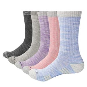 yuedge women's patchwork cotton crew socks moisture wicking cushioned casual womens socks outdoor hiking athletic socks for women size 6-9, multicolor, 5 pairs