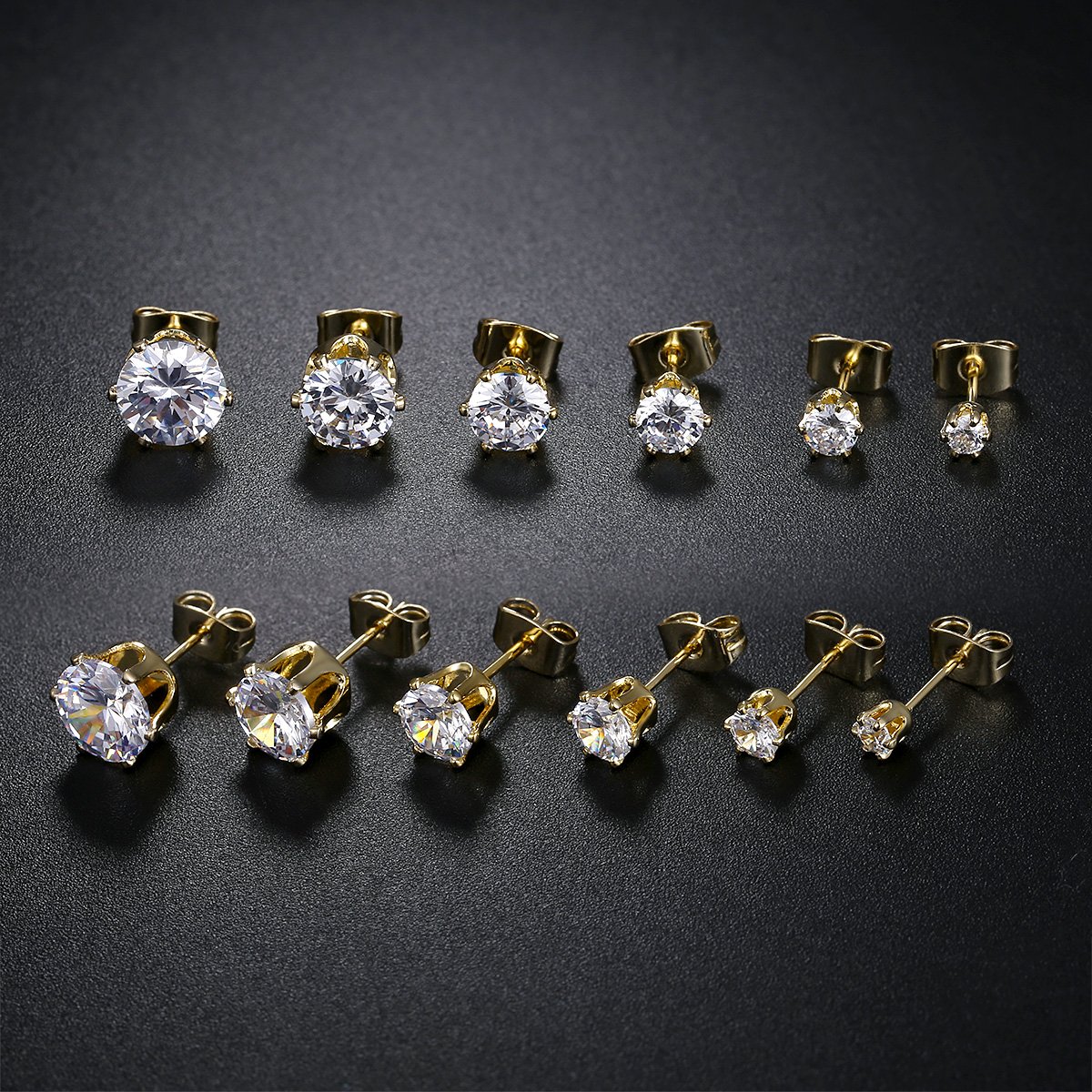 6 Pairs Graduated CZ Stud Earrings,18K Yellow Gold Plated Round Cubic Zirconia Stud Earrings for Women Pack of 6