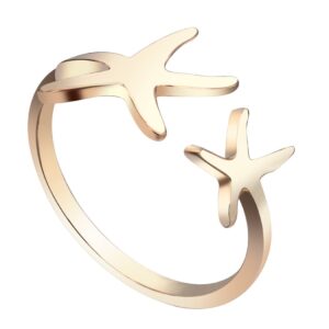 QIAN0813 Adjustable Elegant Sea Star Marine Life Finger Ring Double Star Open Finger Ring (gold)