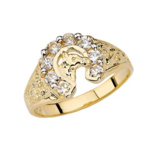 Lucky Horseshoe Ring with CZ in Solid 10k Yellow Gold (Size 8.5)