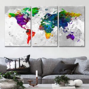 Original by BoxColors LARGE 30"x 60" 3 panels 30x20 Ea Art Canvas Print Watercolor Multi Color Map World Push Pin Travel Wall home decor (framed 1.5" depth) M1812