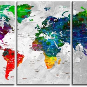 Original by BoxColors LARGE 30"x 60" 3 panels 30x20 Ea Art Canvas Print Watercolor Multi Color Map World Push Pin Travel Wall home decor (framed 1.5" depth) M1812