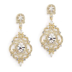 mariell 14k gold plated clip-on earrings cubic zirconia wedding or evening victorian scroll chandelier