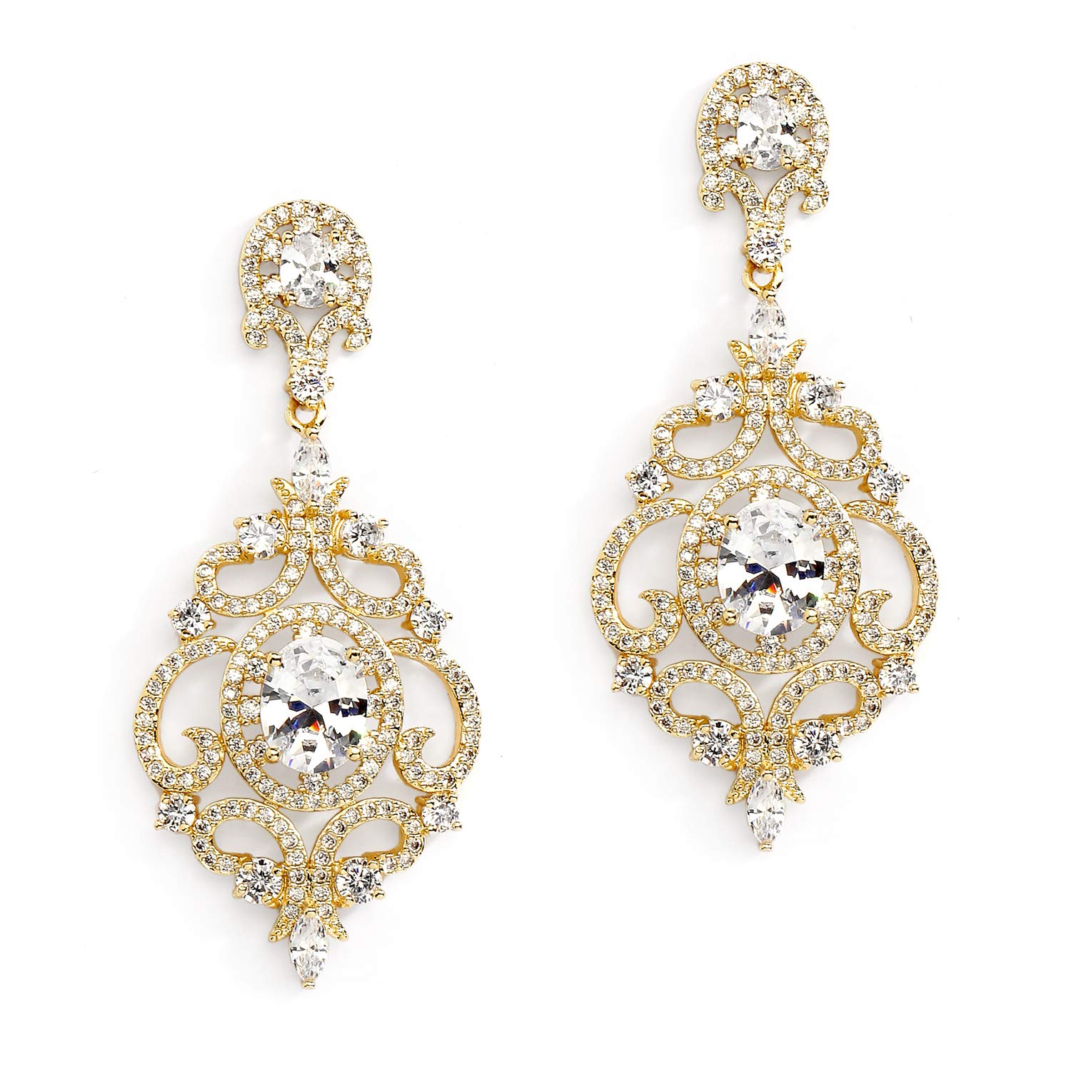 Mariell 14K Gold Plated Clip-On Earrings Cubic Zirconia Wedding or Evening Victorian Scroll Chandelier