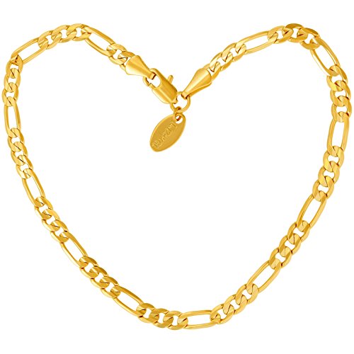 LIFETIME JEWELRY 4mm Figaro Chain Anklet for Women Men & Teen Girls 24k Gold Plated (Gold, 10)