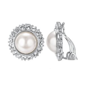 Yoursfs Large Faux Pearl Diamond Clip On Earrings For Women Dressy Vintage Silver Rhinestone Non Pierced Earring Comfort Round Ear Clips Jewelry